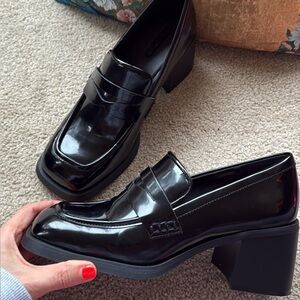 Aldo Shiny Black Block Heel Loafers